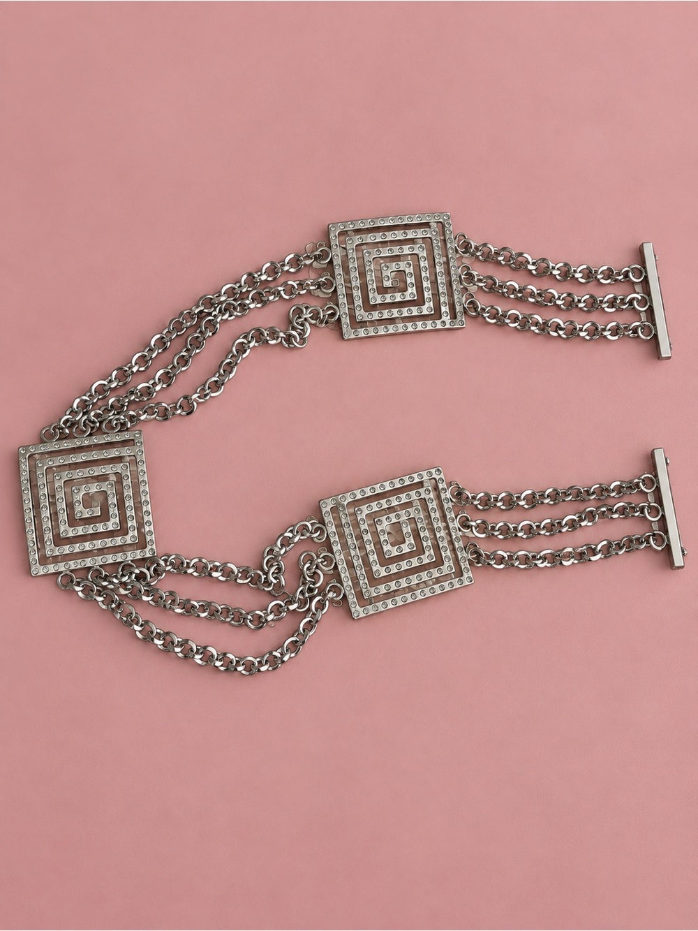 Silver Geometric Chain Waist Belt with Rhinestones